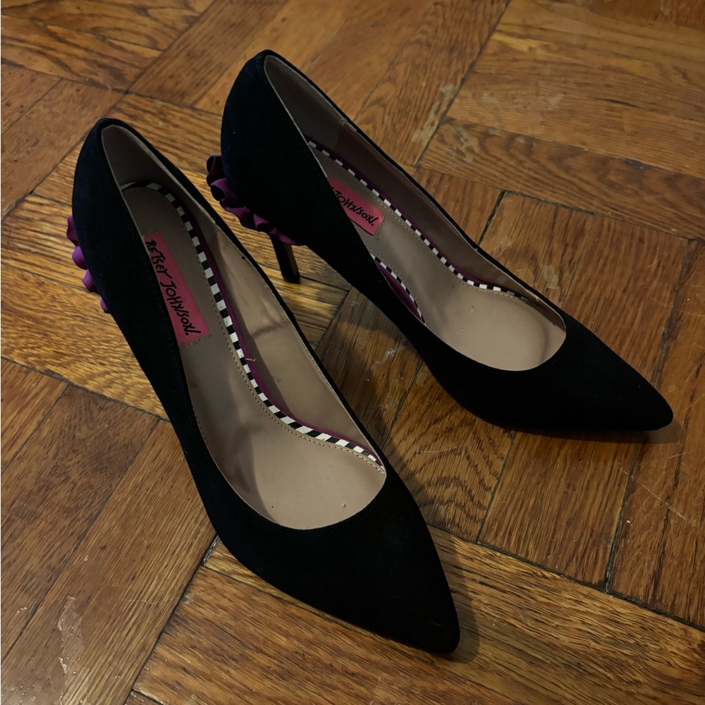 Brand new, never worn Betsey Johnson suede heels with purple fringe